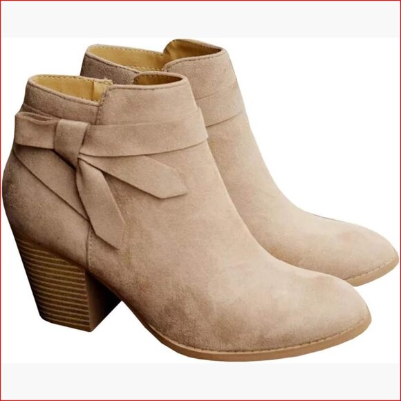 Women's Ankle Booties with Stacked Heel Faux Suede Zipper Closure